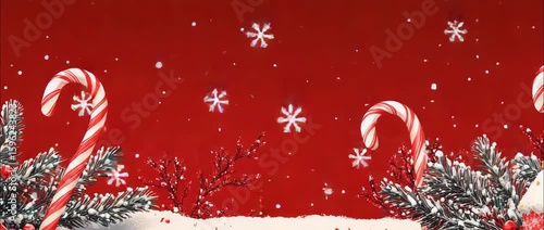 A vibrant winter scene showcasing candy canes, snowflakes, and festive greenery. Perfect for illustrating holiday cheer, decorations, and seasonal joy.