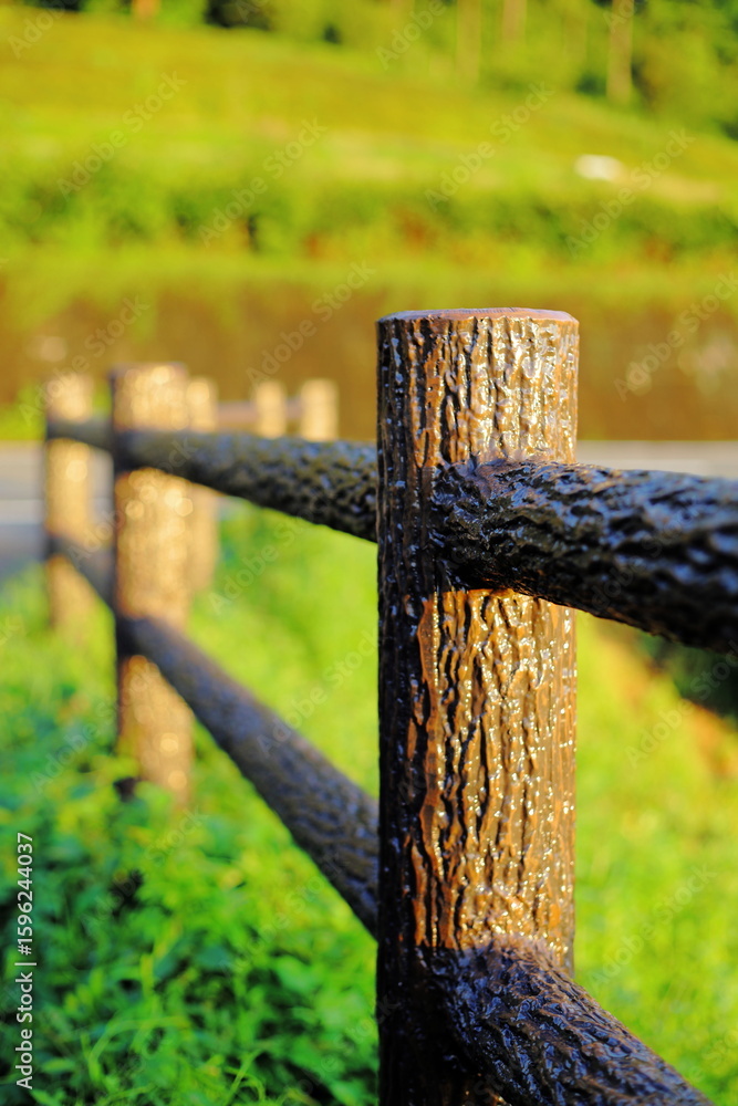 Fototapeta premium 岐阜県池田町の朝日に照らされるフェンス