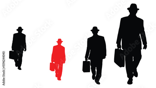 set of silhouette of men with a suitcase suit hat