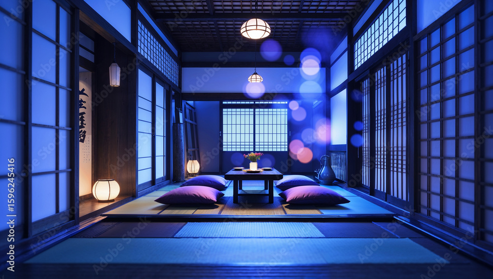 Fototapeta premium Serene japanese interior depicting a traditional room with soft lighting and floor cushions