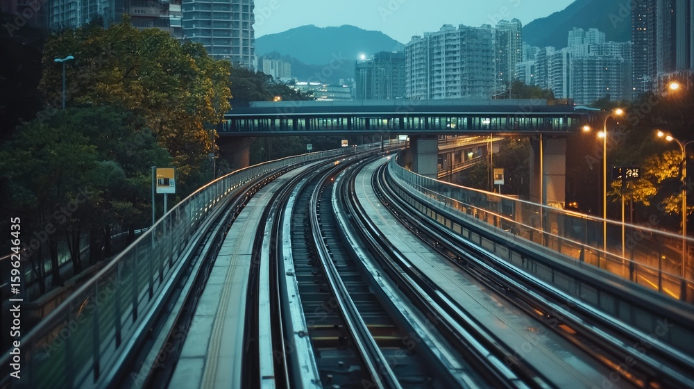 Fototapeta premium Urban cityscape with elevated train tracks at twilight.