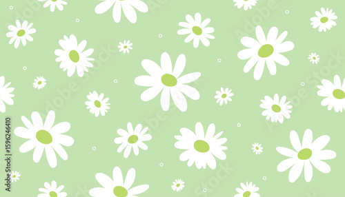 seamless pattern with white daisy or chamomile flowers on a pastel green background. Vector illustration for spring or summer, suitable for fabric, wallpaper, or wrapping paper.