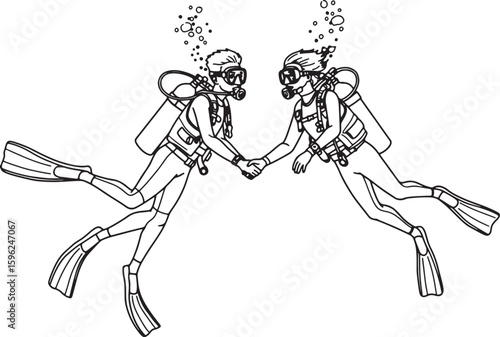 Scuba divers holding hands underwater black and white illustration of adventure and partnership