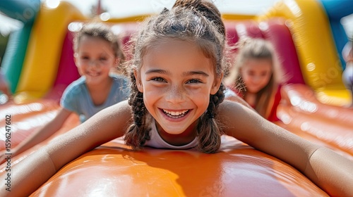 Joyful children playing on an inflatable bounce house, enjoying a fun and active summer adventure 