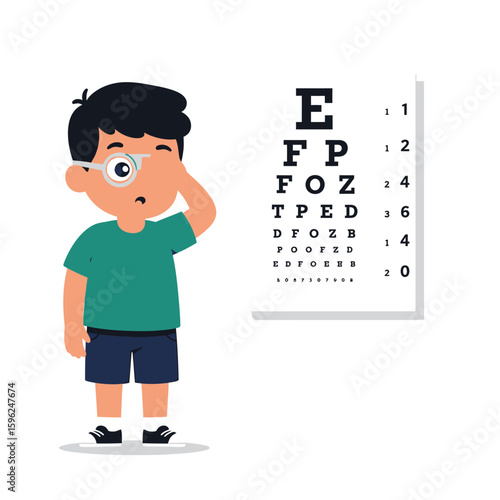 Young boy taking an eye exam, covering one eye with his hand while looking at an eye chart.