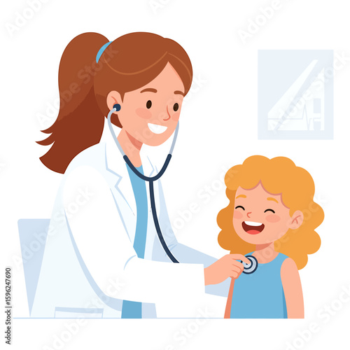 Smiling female doctor using a stethoscope to examine a happy young girl during a checkup.