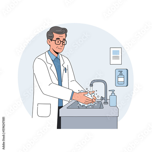 A doctor in a white coat washes his hands at a sink, illustrating proper hygiene.