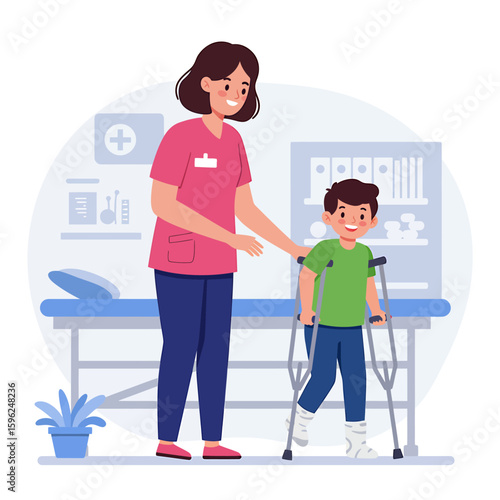 A smiling nurse assists a child with crutches in a clinic, demonstrating care and support for a leg injury.