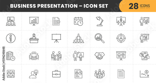  Business Presentation Line Icons Set. Collection of essential symbols for meetings, analytics, strategy, and team collaboration. Perfect for reports, pitches, and corporate design. Editable stroke, p