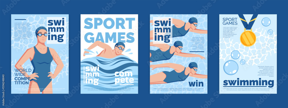 custom made wallpaper toronto digitalSwimming athlete motion. Abstract sport card design. Summer pool competition. Water action. Flat swim poster in geometric style. Swimmers championship award medal. Vector fitness garish banners set