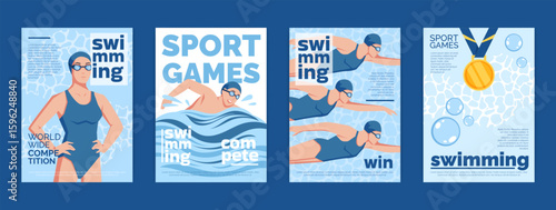 Swimming athlete motion. Abstract sport card design. Summer pool competition. Water action. Flat swim poster in geometric style. Swimmers championship award medal. Vector fitness garish banners set