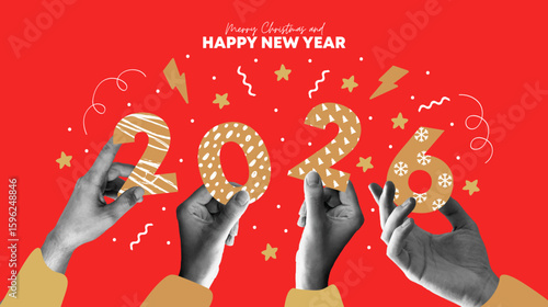 Merry christmas and Happy new year collage design. With hands holding 2026. Colorful collage style illustrations. Vector design for poster, banner, greeting and celebration.	
