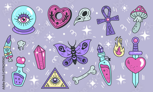 Tarot stickers. Funky eye, groovy moon. Vintage Halloween set. Retro space style. Graphic elements with witch, candle, mystic snake. Witch and wizard symbols. Vector cartoon tidy magic doodle set