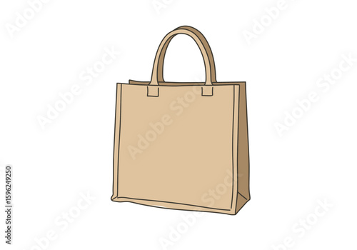 Jute bag drawing. It is a black and white outline image of a jute bag, a sustainable and eco-friendly alternative for shopping. Vector sketch line art draw.