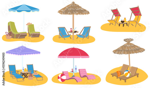 Beach chair with umbrella. Summer vacation on sand. Travel armchair. Outdoor leisure. Sunny holiday. Seashore relaxation. Rest lounge. Decoration for resort. Sunbathing wood sofa. Furniture vector set