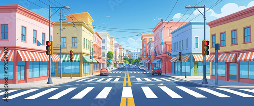 Cartoon illustration of a colorful city street scene with buildings cars and crosswalk