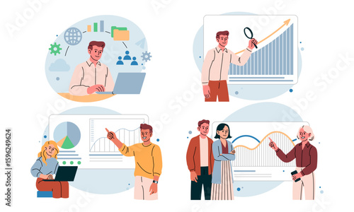 Big data analysis. Business people chart. Digital platform. Analytics gathering. Project infographic visualization. Corporate research. Businessman presenting report at whiteboard. Vector concepts set