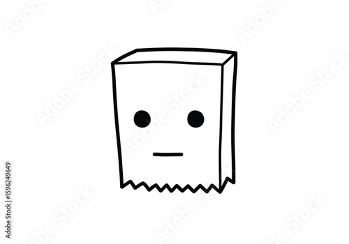 Paper bag face drawing. It is a black and white outline image of a paper bag with a simple face drawn on it, suggesting anonymity. Vector sketch line art draw.