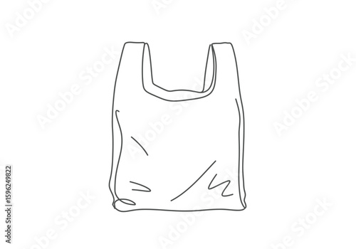 Plastic bag drawing. It is a black and white outline image of a common plastic shopping bag, often associated with retail and groceries. Vector sketch line art draw.