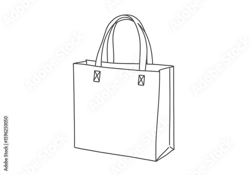Tote bag drawing. It is a black and white outline image of a simple tote bag, often used for shopping, carrying books, or daily essentials. Vector sketch line art draw.