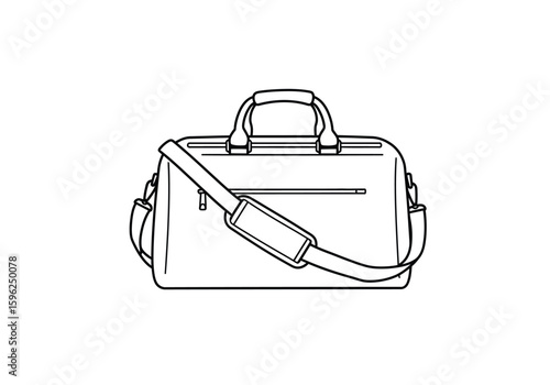 Travel bag drawing. It is a black and white outline image of a travel bag or duffle bag, designed for journeys and short trips. Vector sketch line art draw.