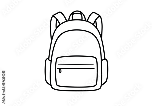 Backpack bag drawing. It is a black and white outline image of a backpack or rucksack, often used for school, travel, or outdoor activities. Vector sketch line art draw.