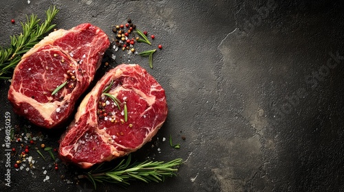 Two raw beef steaks rest on dark surface with rosemary and seasoning for a culinary visual.