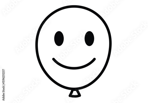 Balloon face drawing. It is a black and white outline image of a balloon with a happy smiley face, conveying joy and cheerfulness. Vector sketch line art draw.