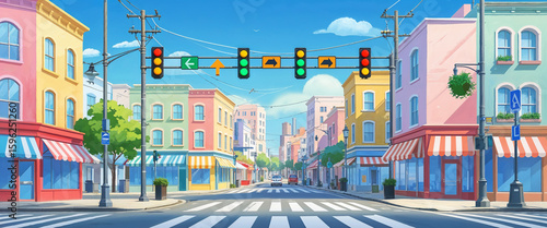 Colorful cartoon city street scene depicting a commercial district with traffic signals and buildings