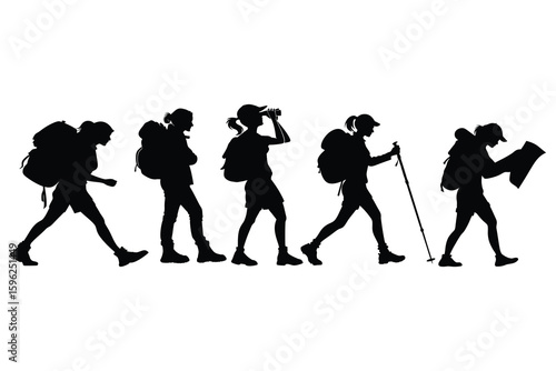 Diverse hikers with backpacks and trekking poles on a journey silhouette