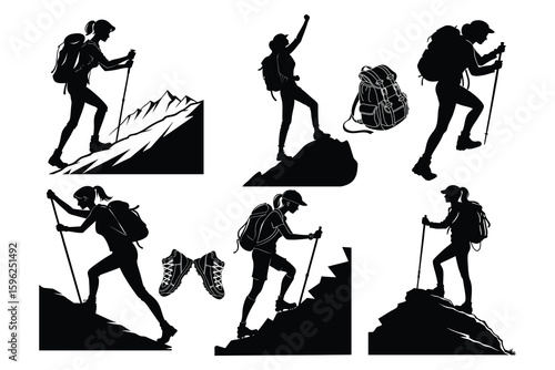 Diverse hikers ascending mountains with trekking poles in dynamic silhouette poses