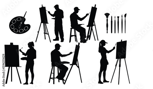 Artistic expression through diverse painter silhouettes creating masterpieces on easels