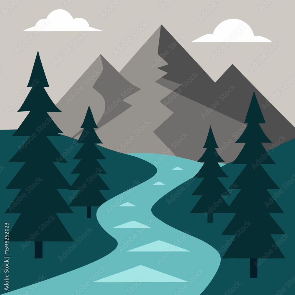 Obraz premium A serene mountain landscape with pine trees and a flowing river in a valley view vector natural background.