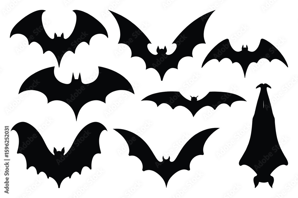 Collection of various flying bat silhouettes against a white background for halloween Collection of various flying bat silhouettes against a white background for halloween