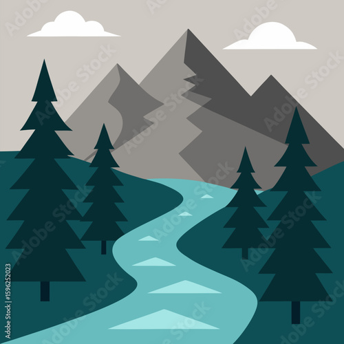 A serene mountain landscape with pine trees and a flowing river in a valley view vector natural background.