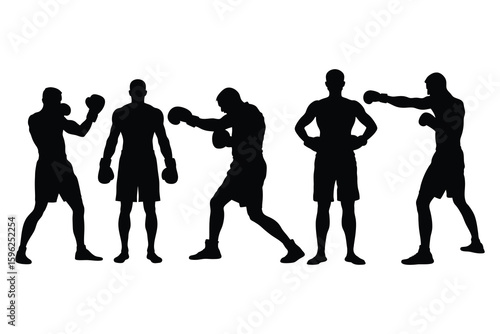 Dynamic silhouette of boxers in various fighting stances and actions