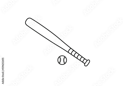 Bat and ball drawing. It is a black and white outline image of a baseball bat and ball, representing the classic sport. Vector sketch line art draw.