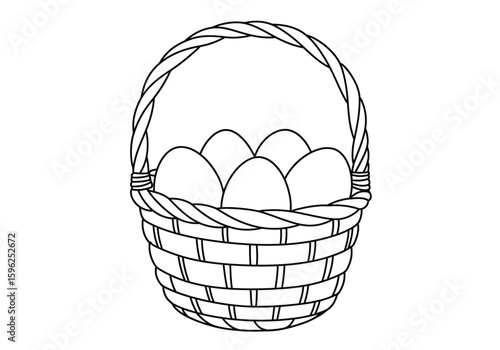 Egg basket drawing. It is a black and white outline image of a woven basket filled with eggs, often associated with Easter or farm produce. Vector sketch line art draw.