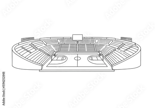 Basketball stadium drawing. It is a black and white outline image of a basketball stadium, showcasing the court and seating for spectators. Vector sketch line art draw.