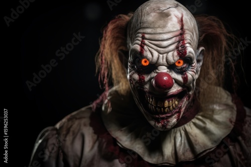 Portrait of a scary clown with red eyes on a black background. Halloween. Horror film. Halloween theme. Evil Clown. Horror movie Concept. Halloween Concept with Copy Space.