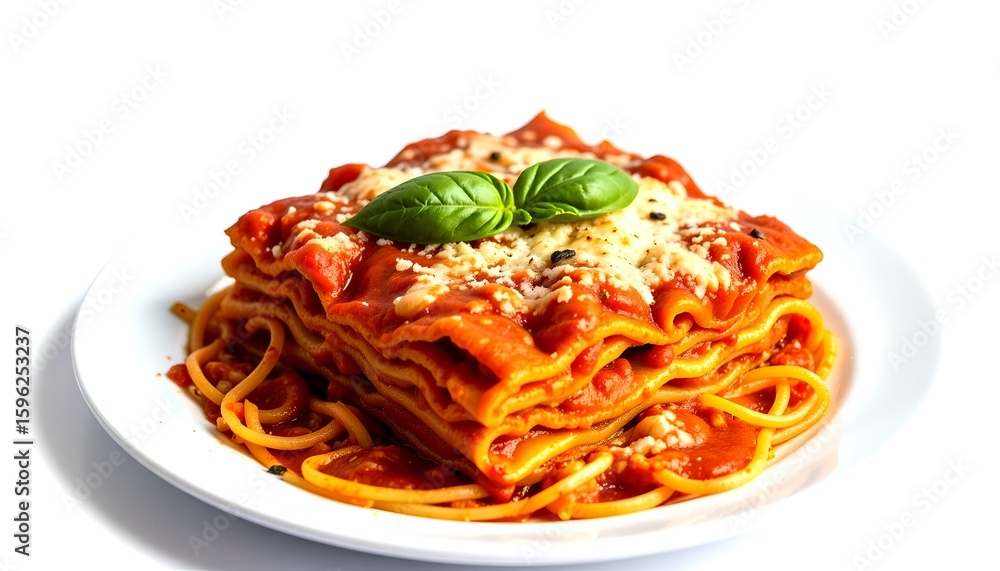 A mouthwatering close-up of a beautifully presented lasagna dish on a white plate A mouthwatering close-up of a beautifully presented lasagna dish on a white plate