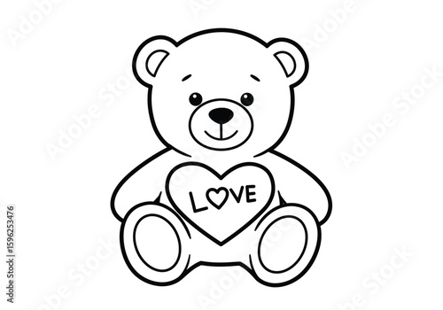 Love teddy bear drawing. It is a black and white outline image of a cute teddy bear with the word "LOVE" on its chest, symbolizing affection and warmth. Vector sketch line art draw.