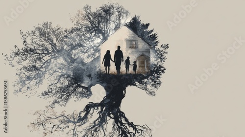 Symbolic tree of life housing family silhouette within intertwined roots and branches
