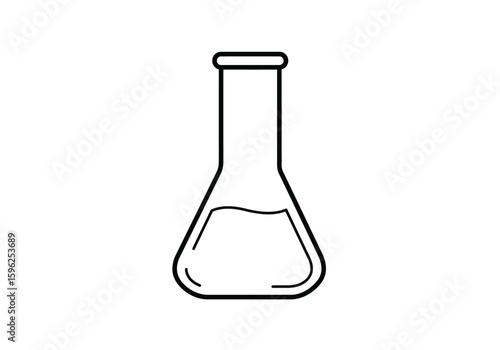 Beaker drawing. It is a black and white outline image of a beaker or flask, commonly used in laboratory and scientific experiments. Vector sketch line art draw.