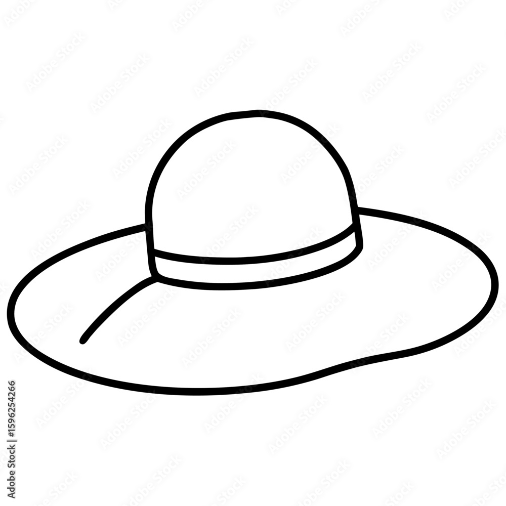 Minimalist line art drawing of a sun hat with a wide brim isolated on white background Minimalist line art drawing of a sun hat with a wide brim isolated on white background