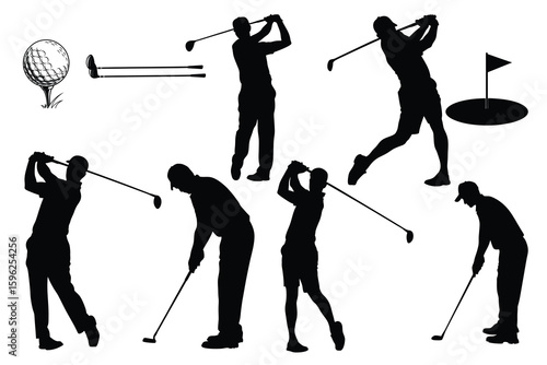 Collection of golfers in various poses during a game silhouette