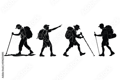 Four hikers with backpacks and poles walking in a line silhouette