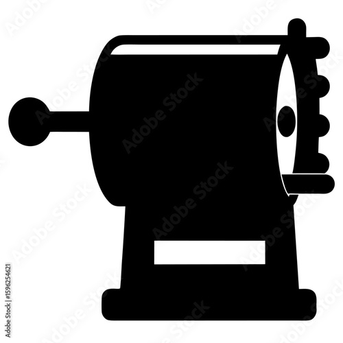 Black silhouette of a manual pencil sharpener with a crank isolated on white background