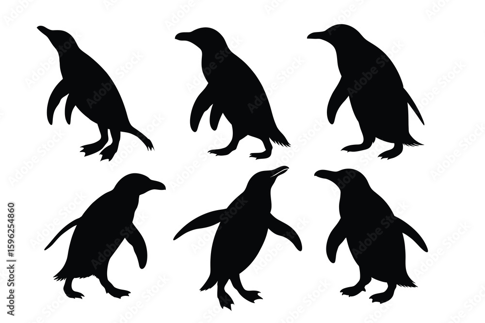 Fototapeta premium Six black penguin silhouettes in various walking poses on a white background