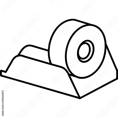 Clean line art drawing of a tape dispenser with a roll of tape and cutter isolated on white background